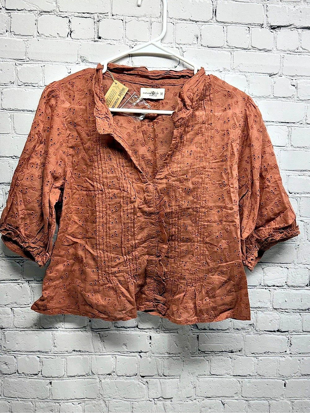 Natural Life Floral Cotton Blouse in Brown Medium NWT